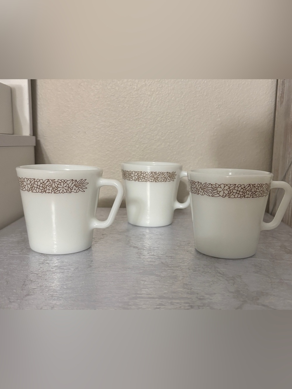 Vintage PYREX coffee cups x3 “ Woodland” Milk glass, D handle